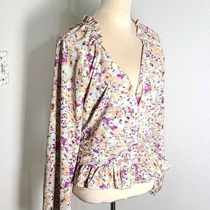 Entro Floral Wrap Blouse with Ruched Waistband, Cream,Pink, Purple, Size Large